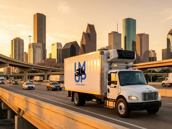 An IM UP Trucking commercial semi-truck driving on the highway, completing its freight rescue mission