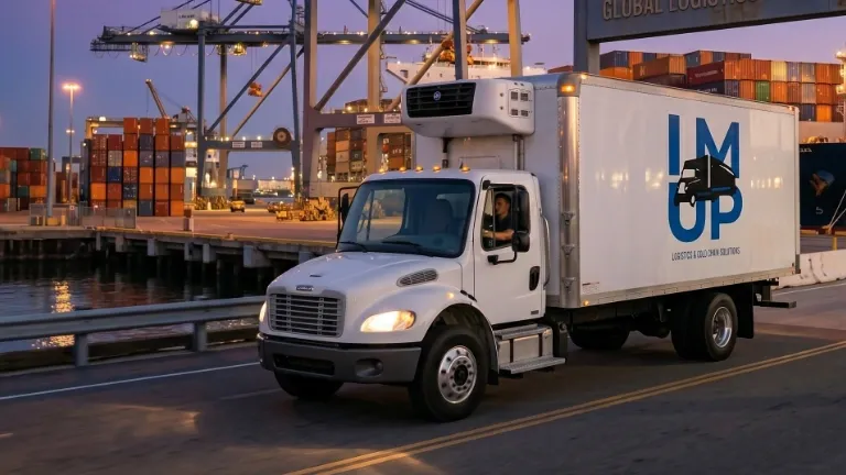 An IM UP Trucking commercial semi-truck parked at a shipping port terminal, representing rapid cargo recovery operations