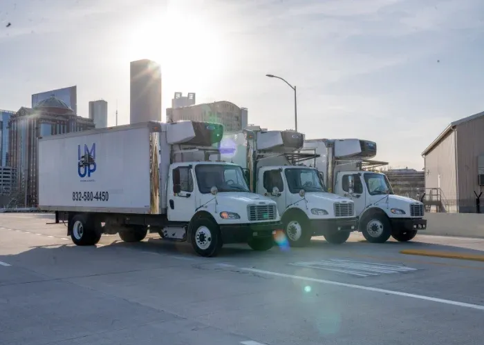 IM UP Trucking fleet lined up in Houston — refrigerated box trucks ready for dispatch